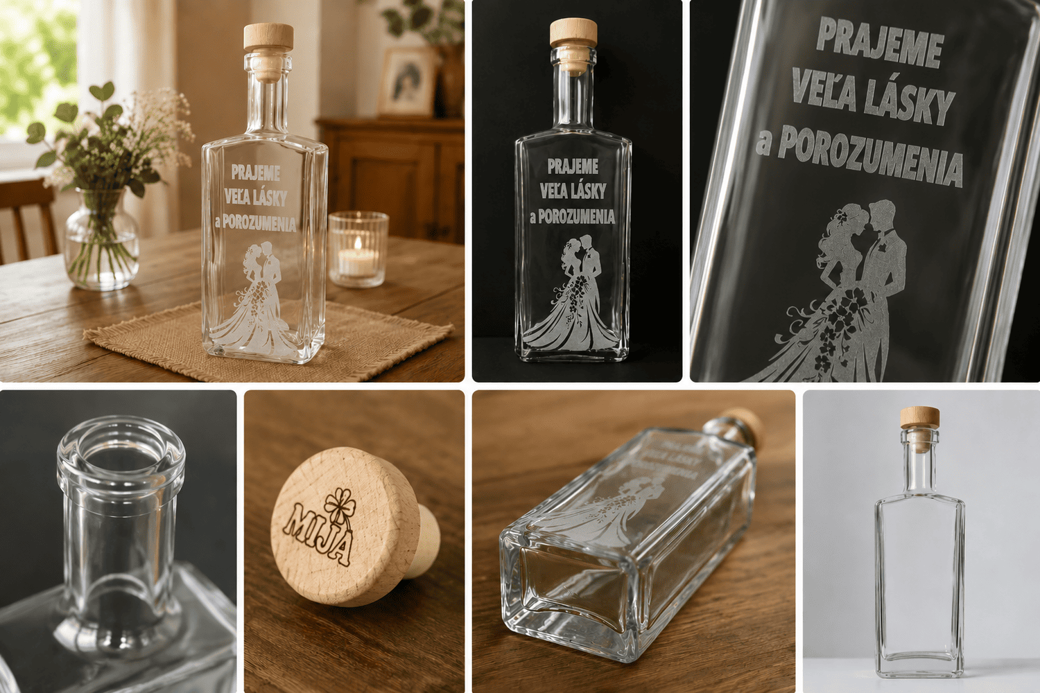 Koláž personalizovaných gravírovaných fliaš